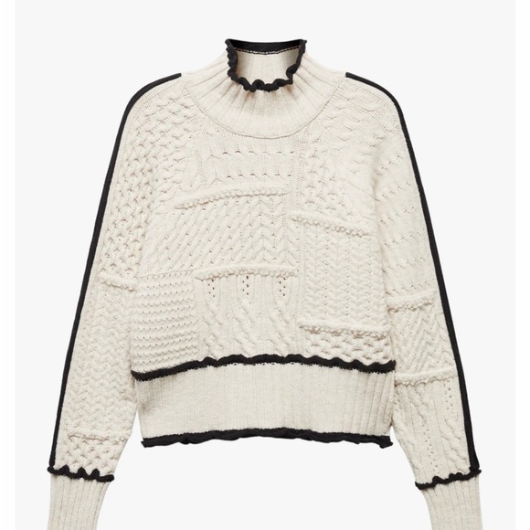 Mango Cream and Black Cable Knit Turtleneck Sweater - Picture 2 of 2